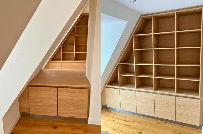 Dachschrägen Regal mit Stauraum 